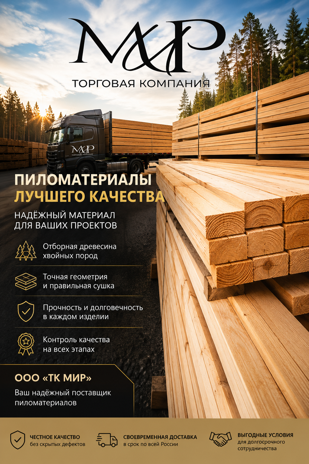 ООО «ТК МИР» предлагает пиломатериалы высокого качества для производства.